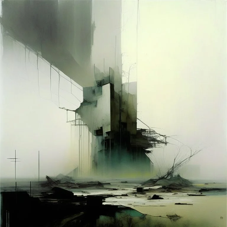 Contemporary abstract painting of Lebbeus Woods wasteland techno decaying landscape. Hazy foggy sky. Concrete ground. Exposed twisted concrete. Style Justin Mortimer and JMW Turner.