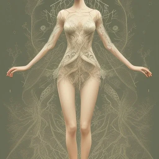 An woman with a beautiful face in a lace night dress, a thin lace dress and a body with designs in the shape of tree leaves on it, anatomical and full body shape with detailed details, the parts of the girl's body can be seen under the dress, a girl with breasts Big, dreamy and artistic painting, full HD 3D painting quality, 4K, 8K