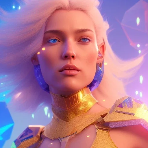 A portrait of a crystalised blue pink extraterrestrial, gold, diamonds, sunny background, atmospheric, realistic, unreal engine, 8k. Cinematic lighting, octane render.