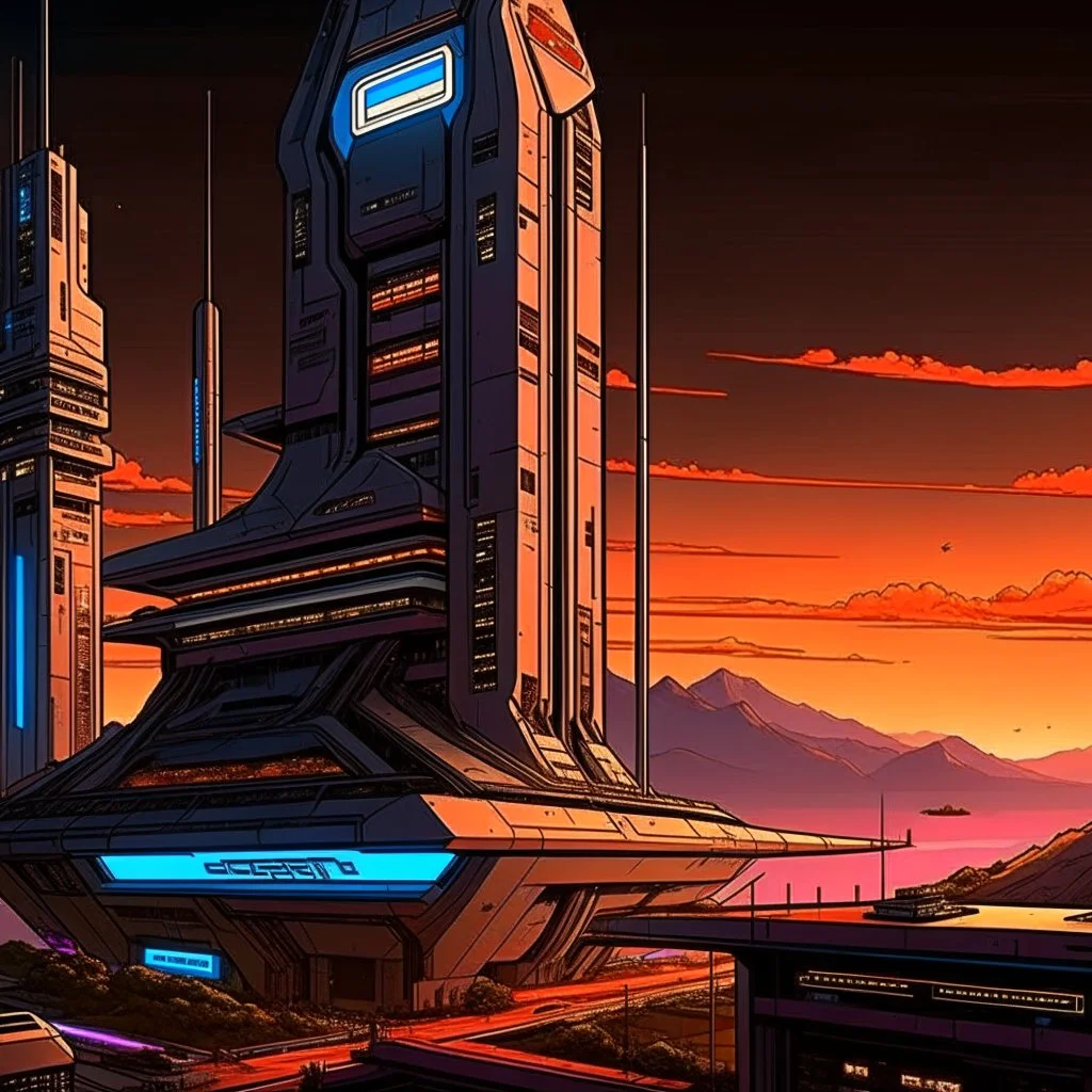 cyberpunk retro futuristic for comics really tall from far away