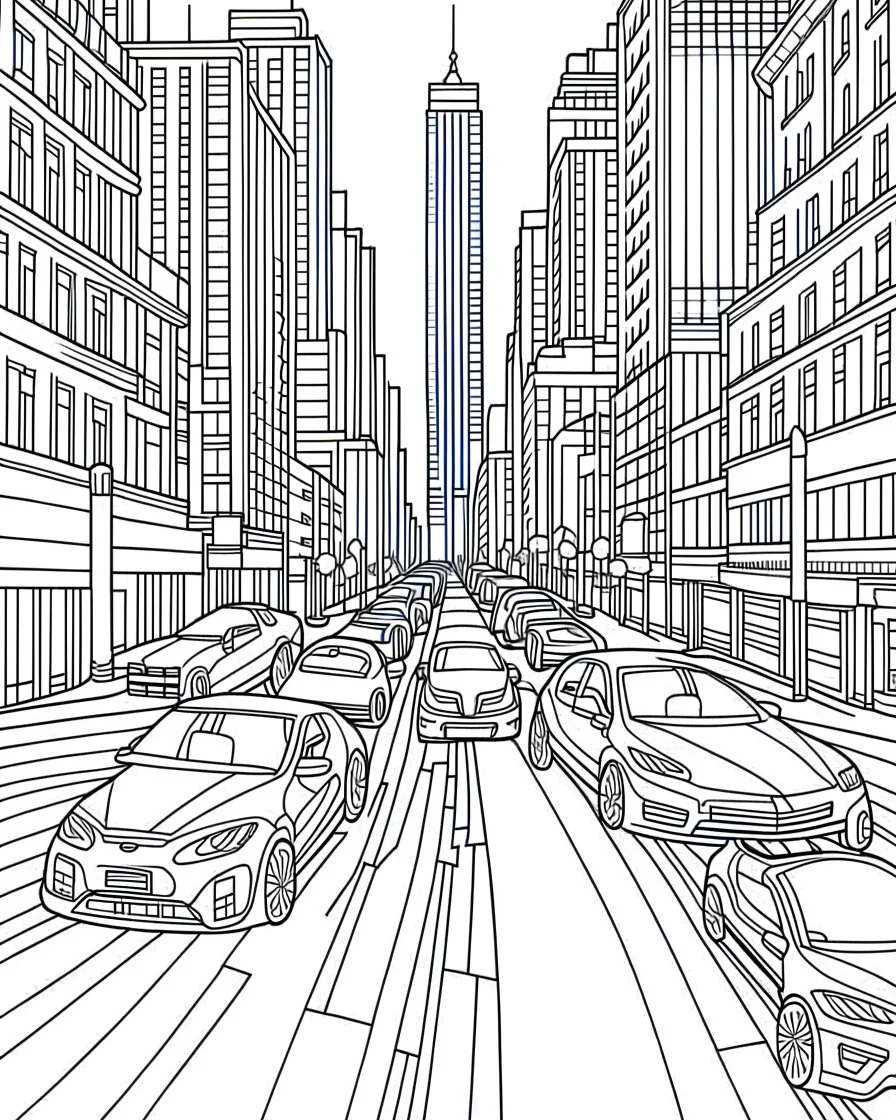 New York City roads coloring page, full body (((((white background))))), only use an outline., real style, line art, white color, clean line art, white background, Sketch style.