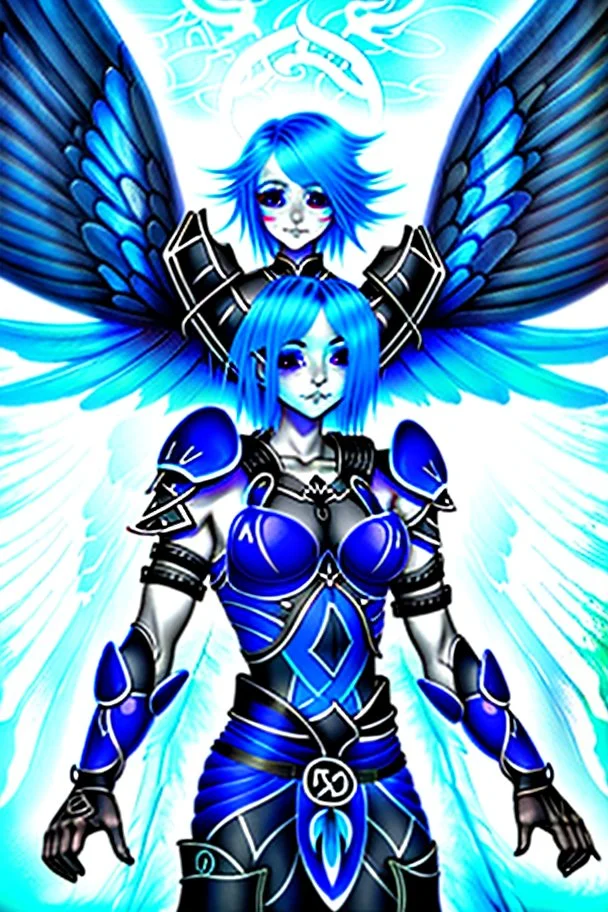 a person in runic armor with blue wings, blue short hair, runic tattoo and spell book