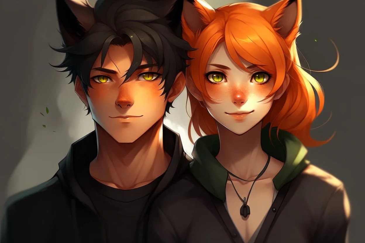 A young adult male with messy black hair, gold eyes, black cat ears, realistic, slight smile standing with a young adult female with short red hair, dark green eyes, large orange fox ears on top of her head, slight smile, pale skin, realistic