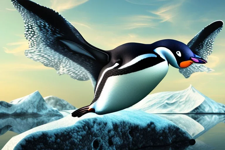 penguin flying in the sky with his two wings