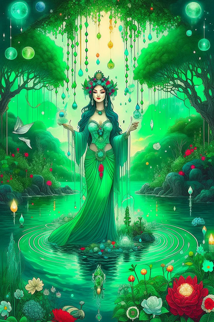 The beautiful goddess of healing and well-being stands on a land of pure water embellished with emeralds. And glass rose trees. And a name. Colored with stars and planets