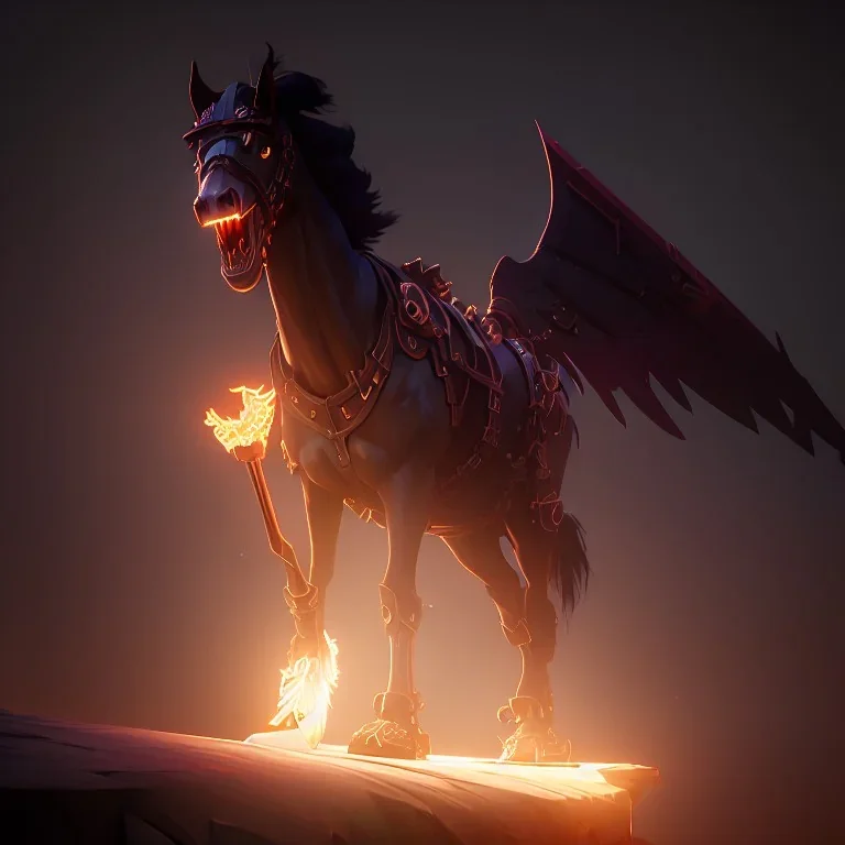  horse with black wings spewing flames from its mouth, holds a huge ax in his hand, and stands at the edge of the universe, steampunk, unreal 5, octane render, cinema4d, dynamic lighting, dramatic lighting, 4k, redshift render, highly detailed, hyper realistic