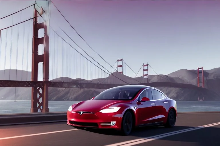 A Tesla 'Model S' is racing at top speed, on the 'Golden Gate' bridge. (CINEMATIC, WIDE ANGLE LENS, PHOTO REAL)