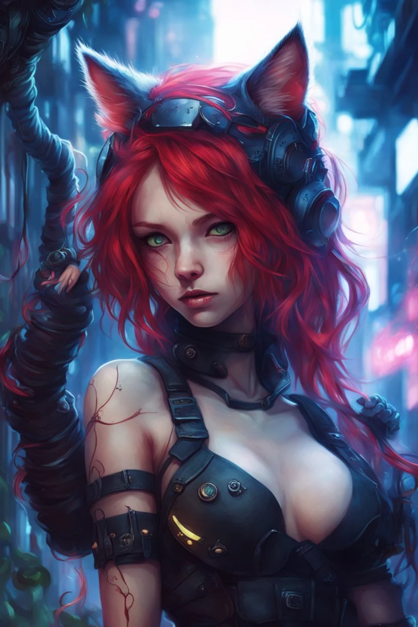 CAT GIRL, FANTASY, VINES, SOULLESS, FLUFFY TAIL, RED HAIR, CYBERPUNK