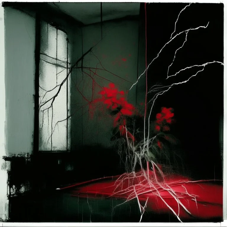 Minimal abstract oil painting of a neon plant in concrete warehouse brutalist architecture and hanging wires illuminated at night. With triadic red colours. In the style of Justin Mortimer and Phil Hale, Ashley Wood