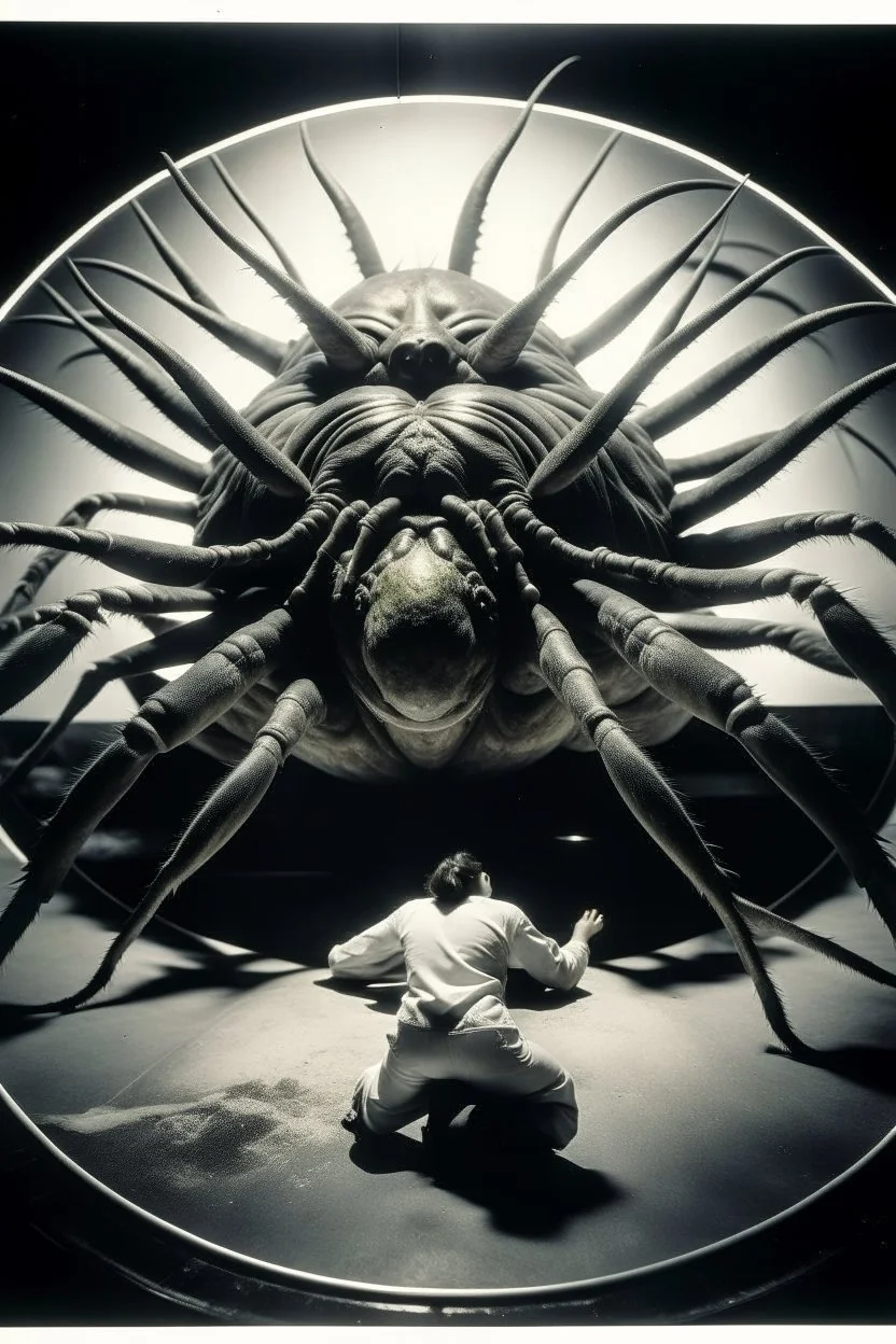 polaroid, gruesome, cosmic unreal entity, terrifying, man next to it for size comparison, roughly 100-feet in diameter, these creatures are able to form limbs, eyes, teeth, wings, and other appendages at will, imitate other life forms, and perform great feats of strength