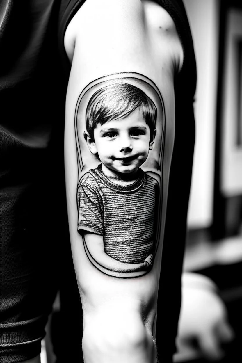 A simple black and white tattoo of three sons, aged 12, 8 & 5 in a house