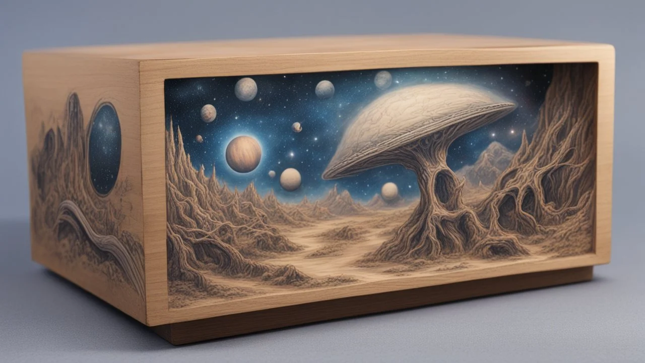 a box 10 cm long by 5 cm wide and 25 cm high, drawn on a box on all sides, space, aliens, tress and more beautiful, very realistic