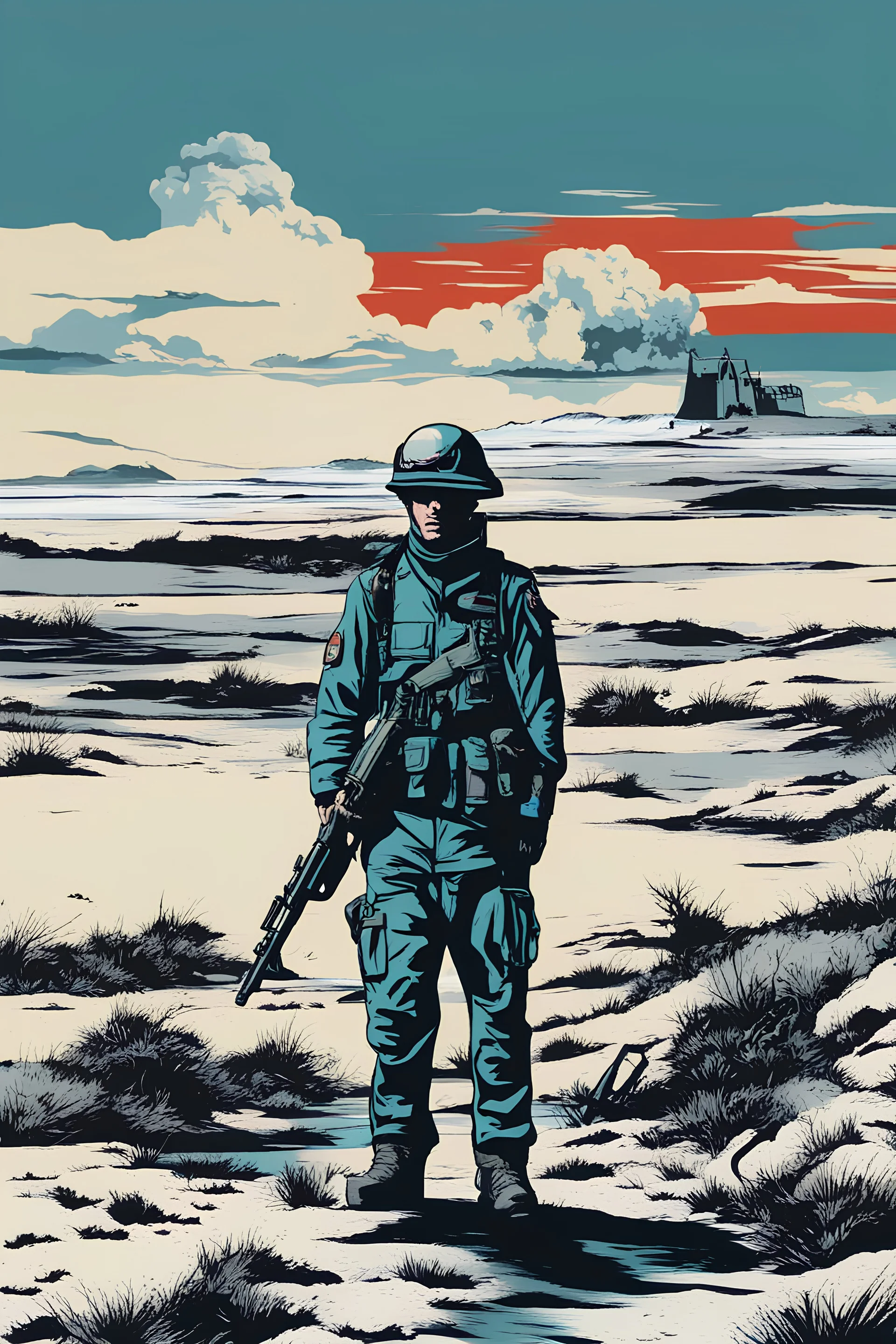 Ilustración de la guerra de Malvinas, soldados doloridos, paisaje desolador y frío con un estilo pop art.