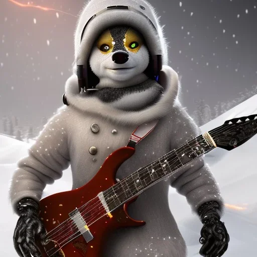 Snow man like a cyborg,playing electro guitar,detail,textures