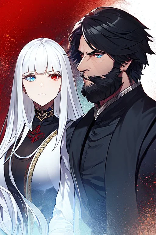 A couple, from the dnd game curse of Strahd. The woman has long white hair and blue eyes, the man has LONG BLACK hair and red eyes, no facial hair.