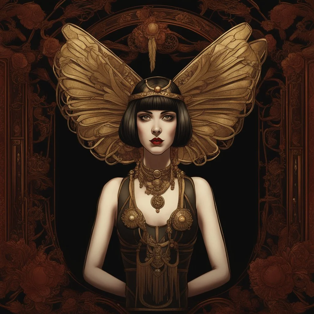 Full Body, Art Nouveau Woman With A Bob With A Fringe Hairstyle, Cleopatra Clothing, Steampunk Metal moth with red wings, Black Background