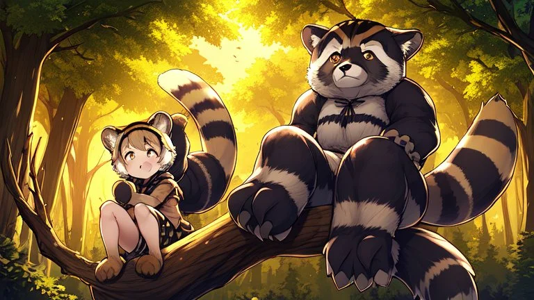 Girl, raccoon tail, raccoon ears, sit on tree, night time, forest, raccoon paws in foot .