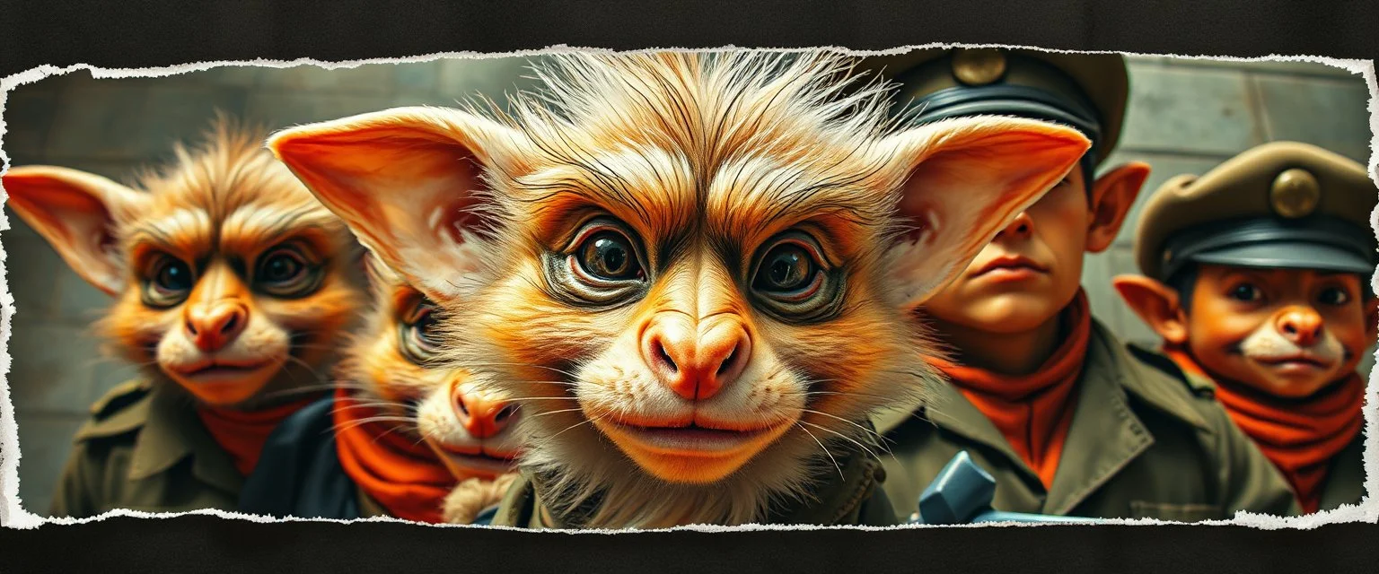 airbrush and pen outline, french art , extreme close up on cheeky fluffy weasel hairy goblin military prison guard troupe news anchor elf family scumbag , pinhole cam, airbrush 3d rendering, in the style of Titian and Rembrandt , torn edges on border