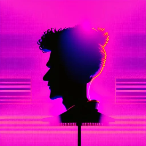 The silhouette of a musical performer in the spotlight. - very noticeable shadows - very realistic details - style: "synthwave"