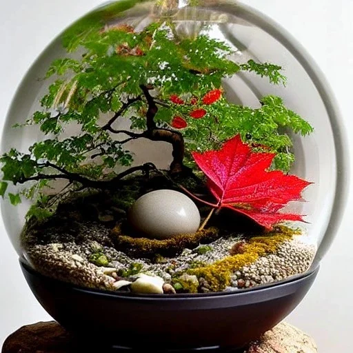 exquisite maple bonsai terrarium in a glass orb, red leaves, petrified wood, pebbles, dewdrops, dappled sunlight, linen backdrop