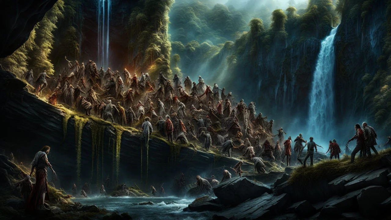 a pile of rotting zombies at the foot of a 3.000 feet high waterfall. fantasy setting, horror. exquisite realism, a masterpiece, fantasy concept art, dynamic lighting, hyperdetailed, intricately detailed, deep color, Unreal Engine, volumetric lighting, Epic cinematic brilliant stunning intricate meticulously detailed dramatic atmospheric maximalist digital matte painting