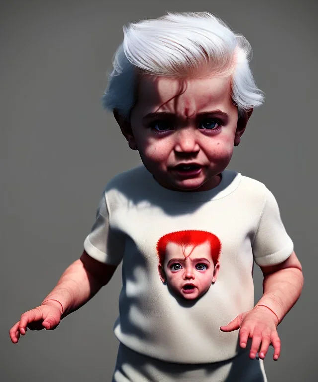 Pedro almodovar toddler, full body, white hair, dramatic lighting, hyper realistic