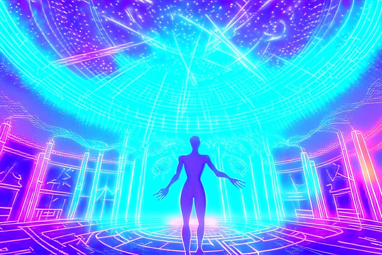 inside a spaceship with a celestial being, a being of pure energy, radiating light and taking a humanoid form with shifting constellations.