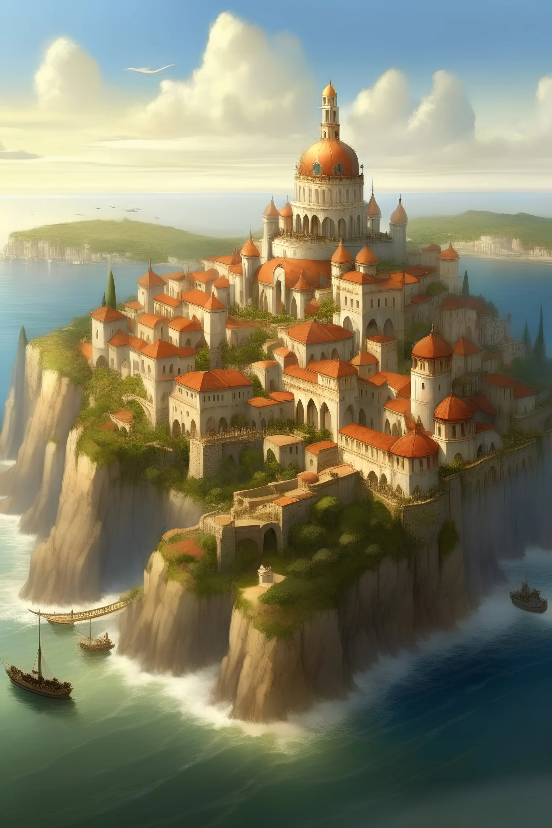 a large fantasy seaside white metropolis, realistic artstyle, large ornate palace-castle on a hill near the coast, big walls, tall golden towers, red roofs, high perspective, king's landing, constantinople, bird's eye view, high view, summer, warm, focus on city