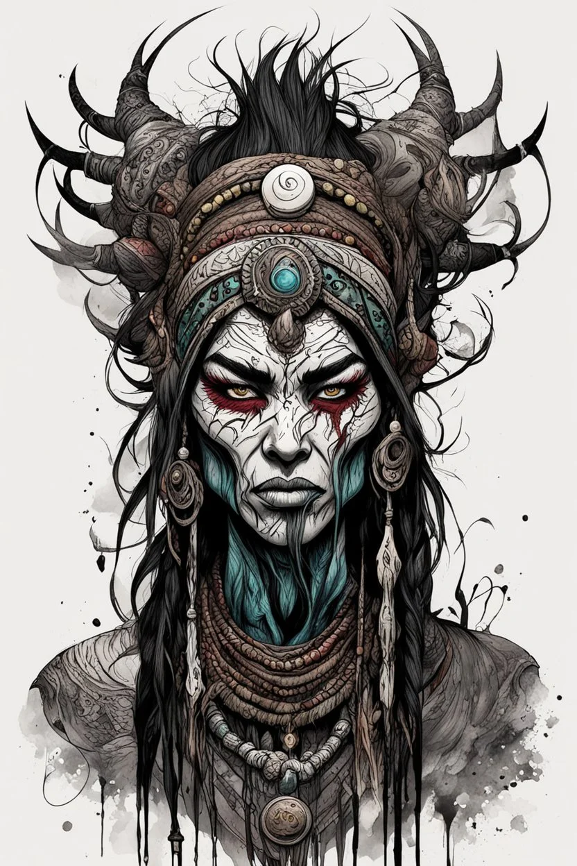 character concept illustration of a world weary, female tribal shaman , maximalist, sharp focus, highest resolution, in the styles of Alex Pardee, Denis Forkas , and Masahiro Ito, boldly inked, 8k, coarse, gritty textures