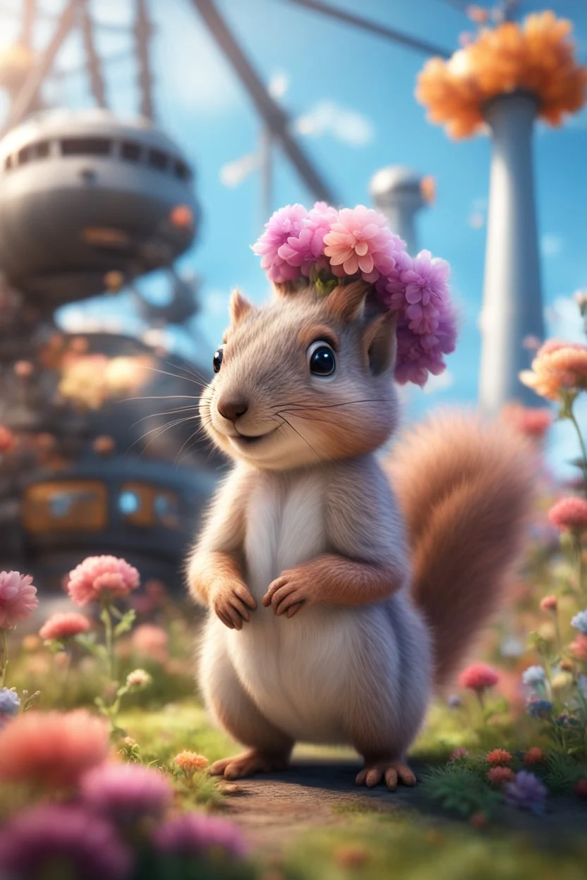 plexi glass tower, portrait of a cute fluffy wolly squirrel with berret in an air ship hangar holding weird flowers in the style of pixar, on a strange planet with weird colors and wind turbines, bokeh like f/0.8, tilt-shift lens 8k, high detail, smooth render, down-light, unreal engine, prize winning