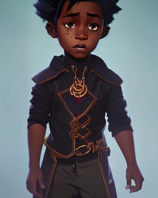 Portrait of a handsome black skinned toddler warlock boy with dark hair by Jim Kay