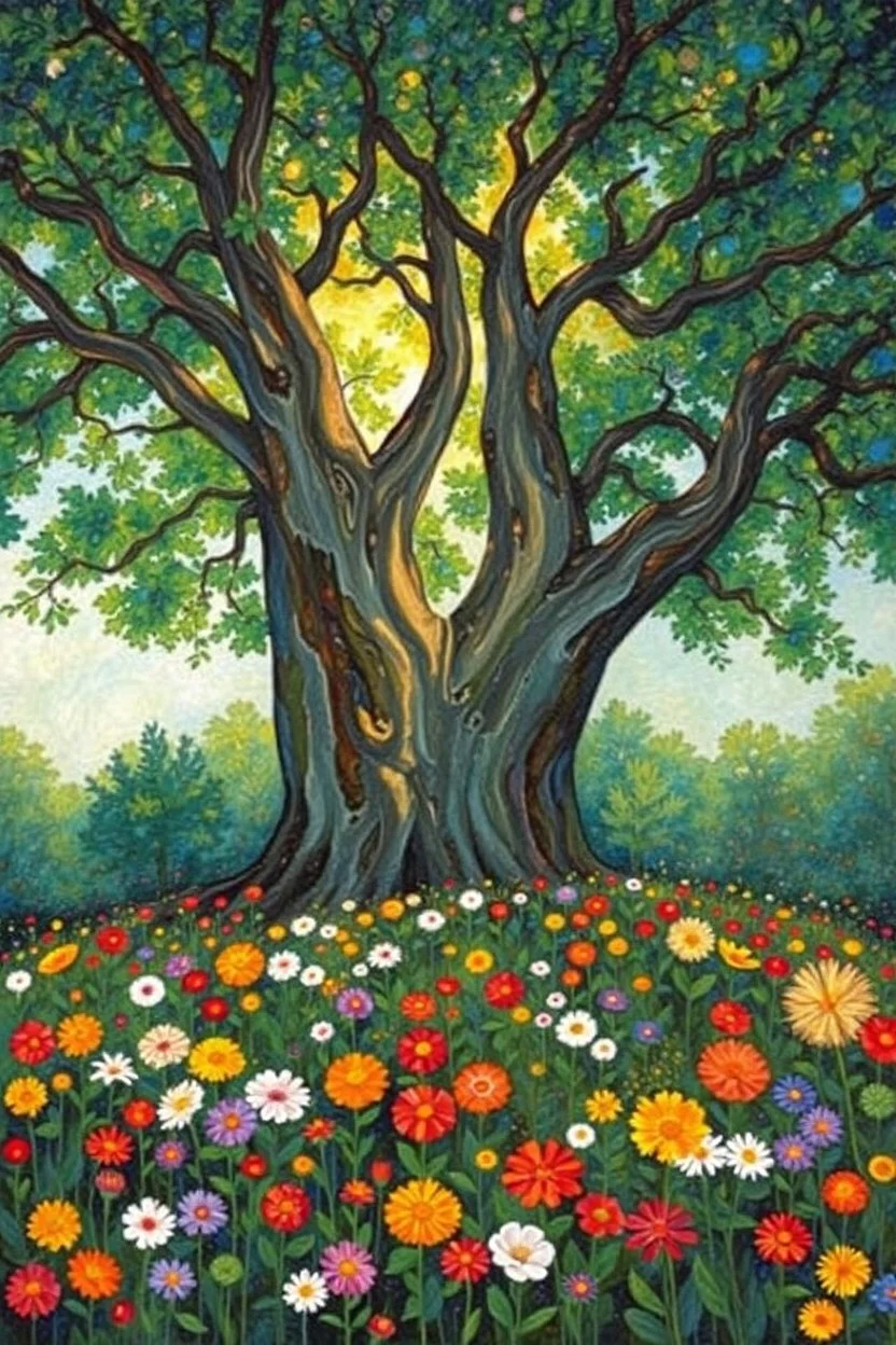 flower garden beneath a huge tree; unusual energy Modifiers: intricate oil on canvas dynamic lighting colourful Gustav Klimt Marc Chagall Watercolor painting Stained Glass Sonia Delaunay intricate oil on canvas intricate oil on canvas oil on canvas