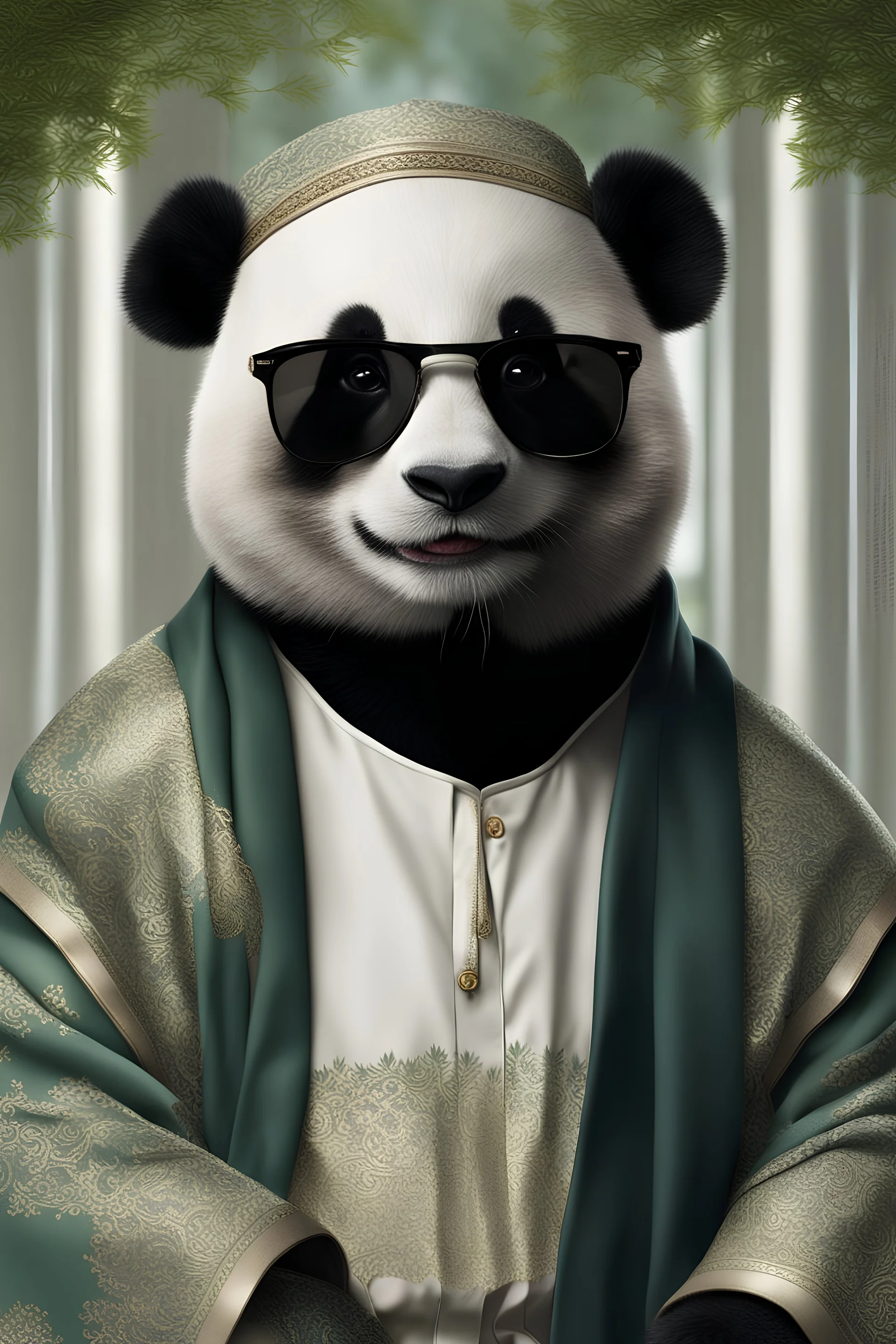 A panda wearing Muslim dresses, wearing sunglasses, smiling, portrait of full body, Photorealistic, ultra detailed, ultra realistic graphics