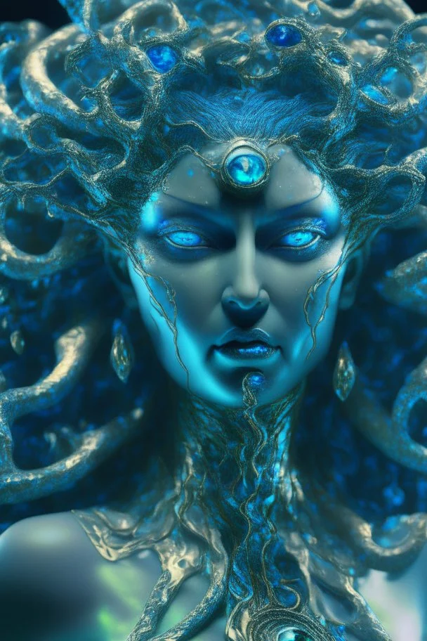 transparent olivine gemstone beauty queen Medusa, in blue fire chrome casino, high detail, 8k, cinematic, depth of field, art