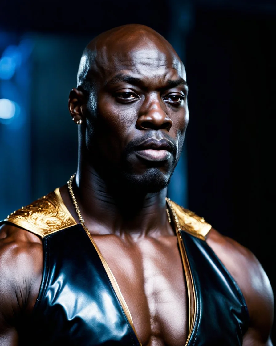 Adewale Akinnuoye-Agbaje x morris cheshunt as a handsome dark skinned and muscular heavy set man with a bald head and neatly trimmed beard. he is wearing a leather waistcoat and no shirt. he has a gold earing in his left ear. he has a dominant expression on his face