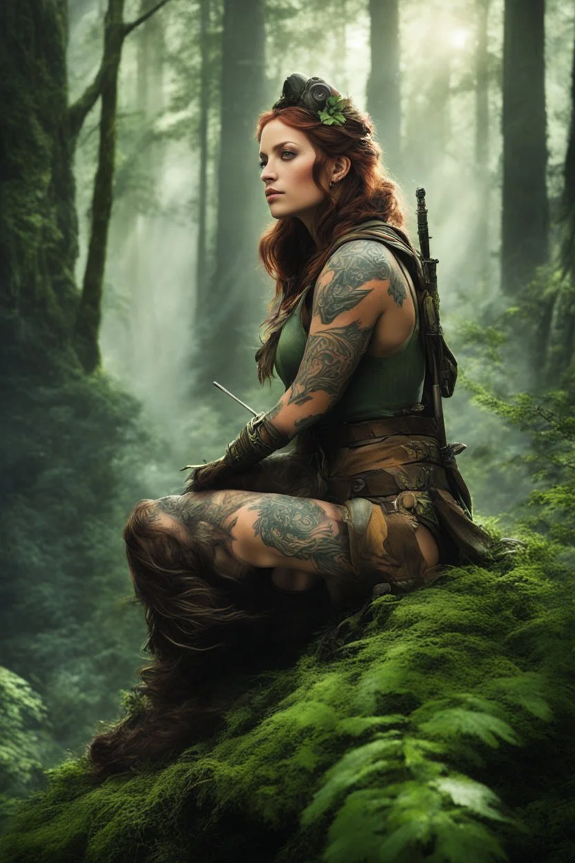 [Endor, tattooed woman warrior] Afrey kneels watchful upon her chosen branch high above the city. Soft glows through the leaves below speak of hearths lit and eyelids growing heavy as the Ewoks within ready themselves for sleep. But she will keep her mantle of guardian a while longer yet. With subtle shifts and flickers, the tattoos adorning her frame seem to writhe in the dimness like nothing so much as the vines and branches around her. Great serpents and ravens curl in tune to some rhythm fel