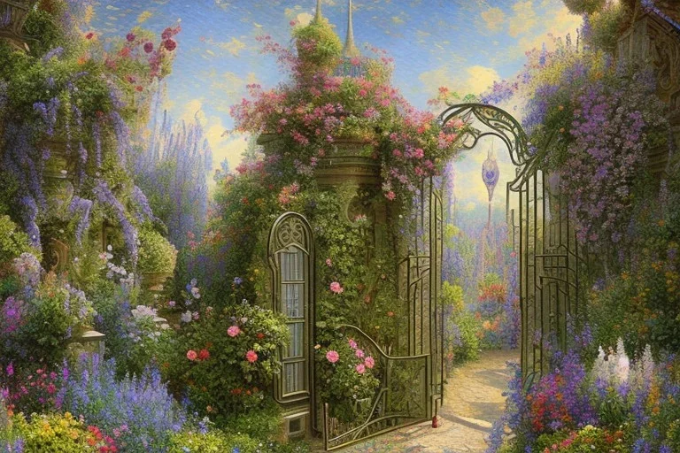 intricate ornate gate, garden, path, flowers, fine detail, high quality, Post-Impressionism, mystical, neo-dada