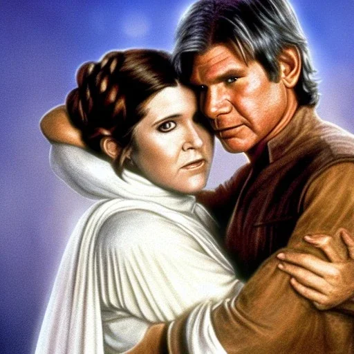 middle age carrie fisher embracing harrison ford in star wars, waist up portrait, photorealistic faces, intricate, masterpiece, expert, insanely detailed, 4k resolution, cinematic smooth, intricate detail , soft smooth lighting, soft pastel colors,