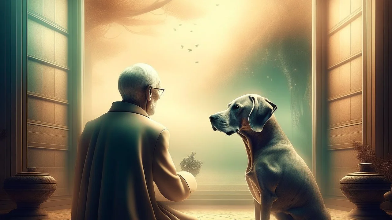 A surrealist digital artwork depicting a mystical encounter between a talking dog and an enigmatic old man in a dreamlike setting