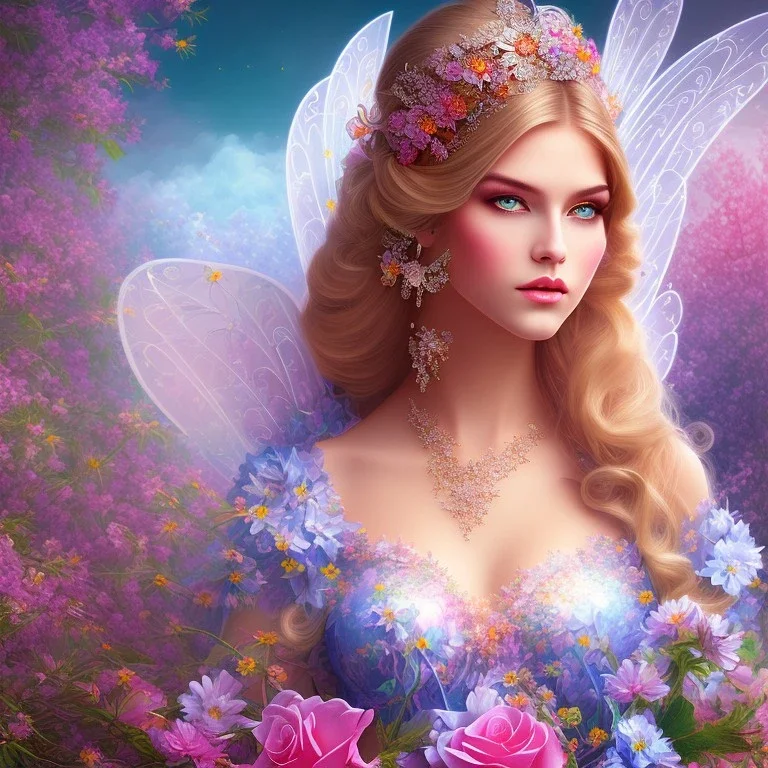 bright fairy, beautiful portrait, flowery landscape