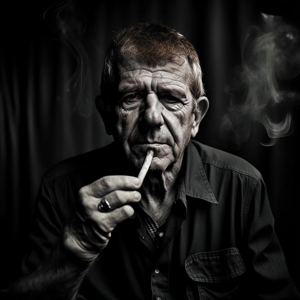 a portrait of a man, in the style of the Anthony Bourdain photograph take by Miller Mobley, rule of thirds He has a cigarette between his fingers and theres a half empty tumbler glass with two ice cubes in it. The mood and the picture is gritty, very grainy, BLACK AND WHITE , there is a little cigarette smoke in the background ,, only slight wrinkles and contemplation, on this face. his eyes look down alway from the camera in (Showcases a strong sense of realism and accuracy.