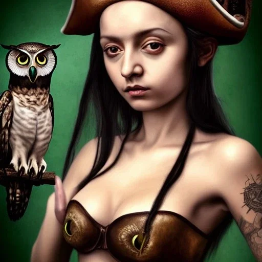 hyper realistic, young small cute girl, short black air, green eyes, with owl tatoo, dressed a steampunk pirate, bra with carved leather, Tintoretto ships in background. salvador dalì style. high details, thunderstorm. 4k, unreal engine Upscale PRO hyper realistic, young small cute girl, short black air, green eyes, with owl tatoo, dressed a steampunk pirate, bra with carved leather, Tintoretto ships in background. salvador dalì style. high details, 4k, unreal engine