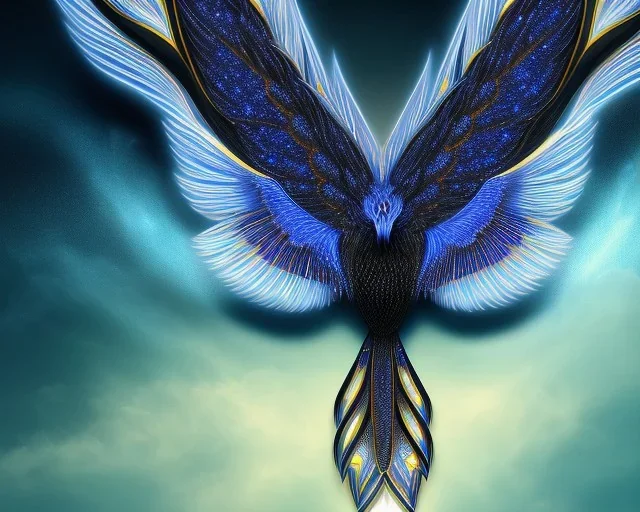 a detailed illustration of a black and blue phoenix sitting on a branch of a tree, phoenix bird wallpaper, luminescent wings, glinting wings, full body, symmetrical body, realistic, glowing wings, sharp focus, meticulously detailed, soft evening sky, 64k