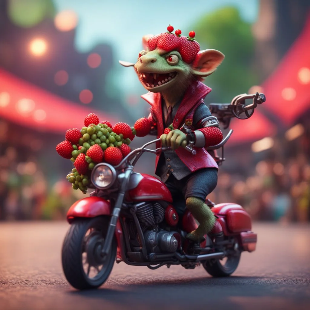 heavy metal kobold strawberry beast business man on motorbike on concert stage with long eyebrows holding a basket of berries ,bokeh like f/0.8, tilt-shift lens 8k, high detail, smooth render, down-light, unreal engine