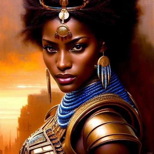 portrait beautiful face African female warrior,busty,ancient metal armor balanciaga fashion clothe painting by gaston bussiere, greg rutkowski, yoji shinkawa, yoshitaka amano, tsutomu nihei, donato giancola, tim hildebrandt, oil on canvas, cinematic composition, extreme detail,fit full head inside picture,16k