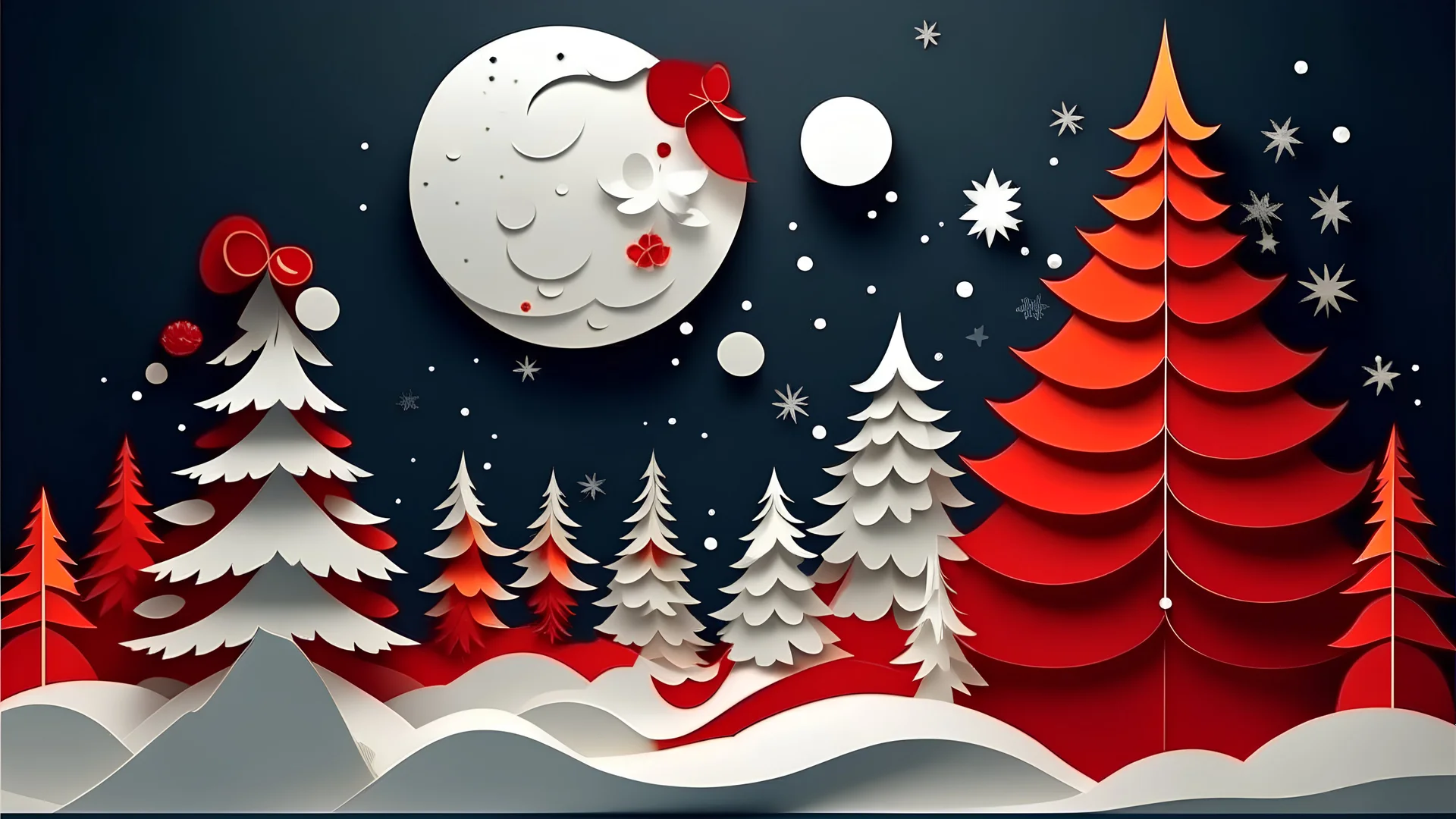 papercut craft of Christmas night, snowman in fluid red and silver, golden red ornaments and pale gift boxes, full moon, Christmas tree,