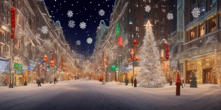 big city in christmas night, snow flakes, many three, Christmas decoration, Christmas light, high contrast, ultra quality, 8k, ultra detailed