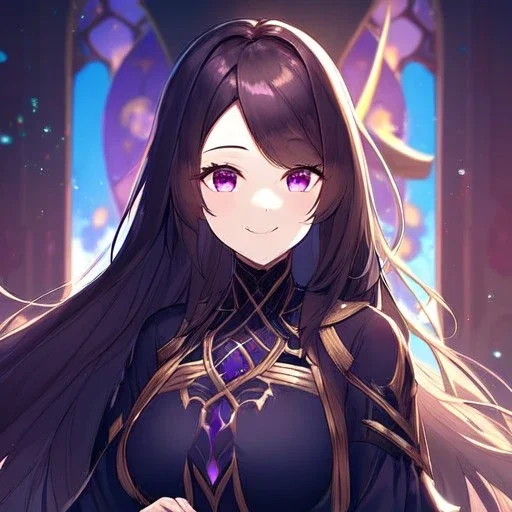 Clear focus,High resolution,High quality, Wearing a Goddess uniform, Black long straight hair, Purple sparkling eyes, Hand on mouth, Smiling