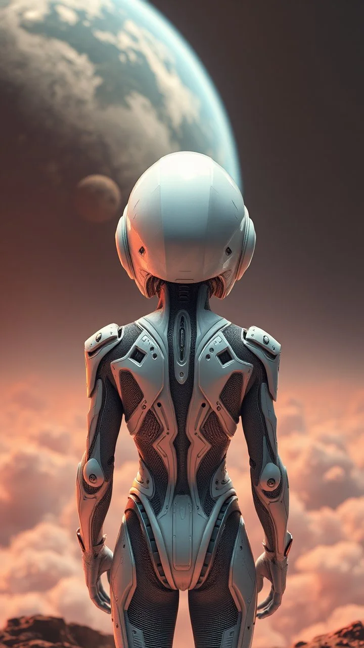 Photoreal Gorgeous godlike white alien cyborg rear view looking over a futuristic nuclear distraction and mashroom clouds of planet earth , in the style of fantasy movies, photorealistic, bokeh masterpiece smooth shading, ultra detailed, high resolution, cinematic, unreal 6, subtle shadows, octane render, 8k, cinema 4d, HDR, dust effect, vivid colors