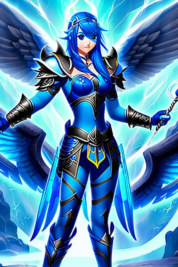 a person in runic armor with blue wings, blue short hair, runic tattoo and spell book